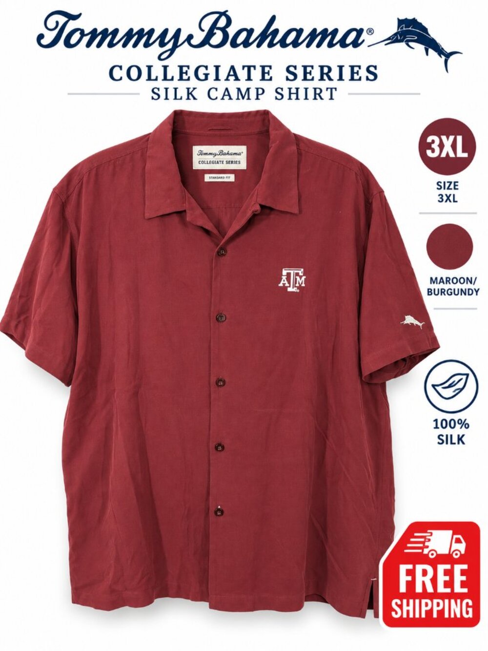 Tommy Bahama Texas A&M 3XL Maroon Silk Collegiate Camp Shirt Standard Fit